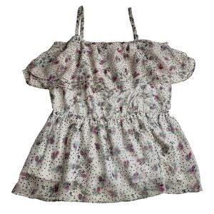 NWT Ella Moss White Purple Gold Metallic Dot Spaghetti Strap Ruffle Top L